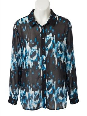 Derek Lam Black Blouse with Blue & White Brushstroke Print